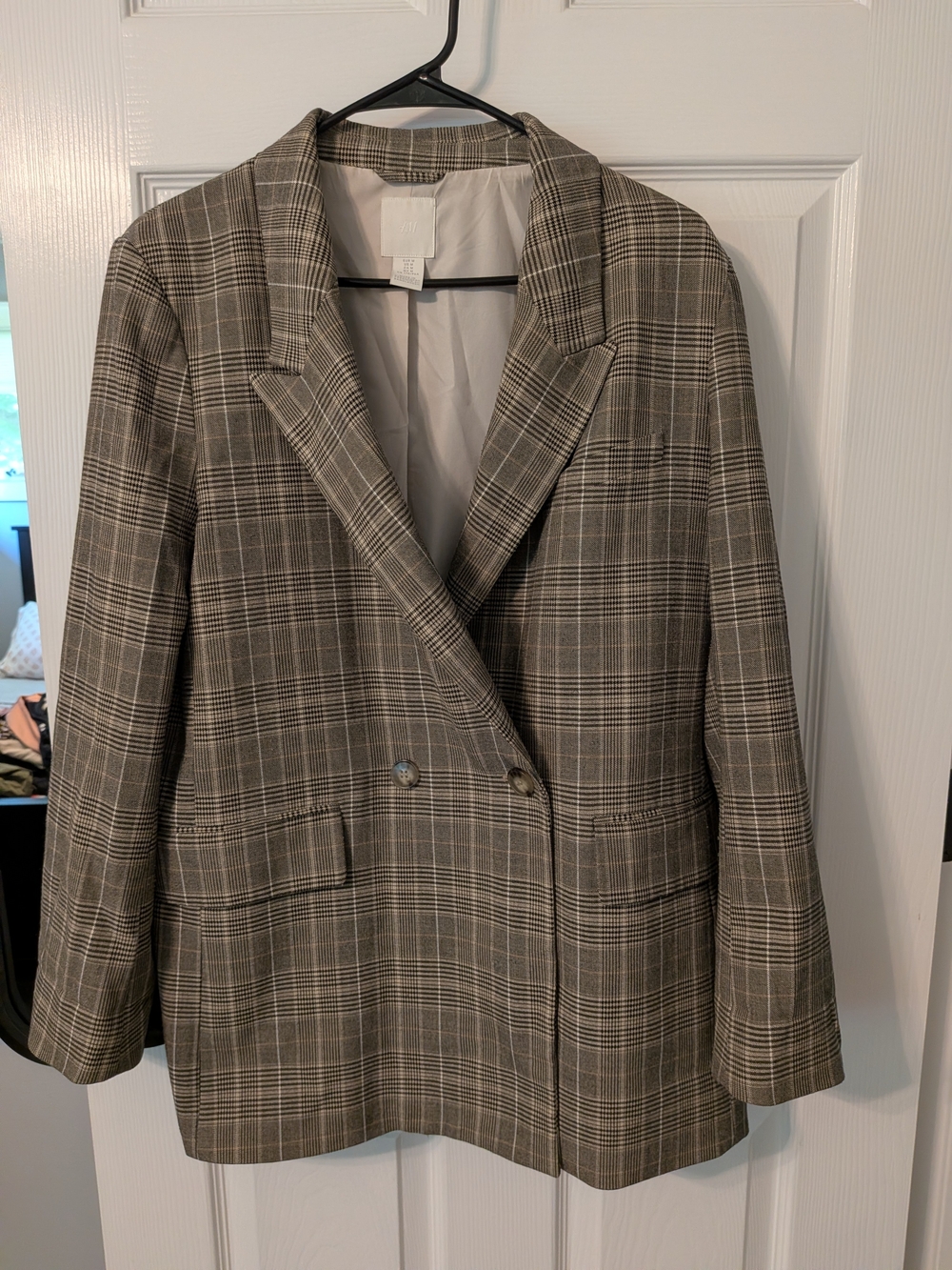 Plaid Double-Breasted Women's Blazer Jacket - Gray